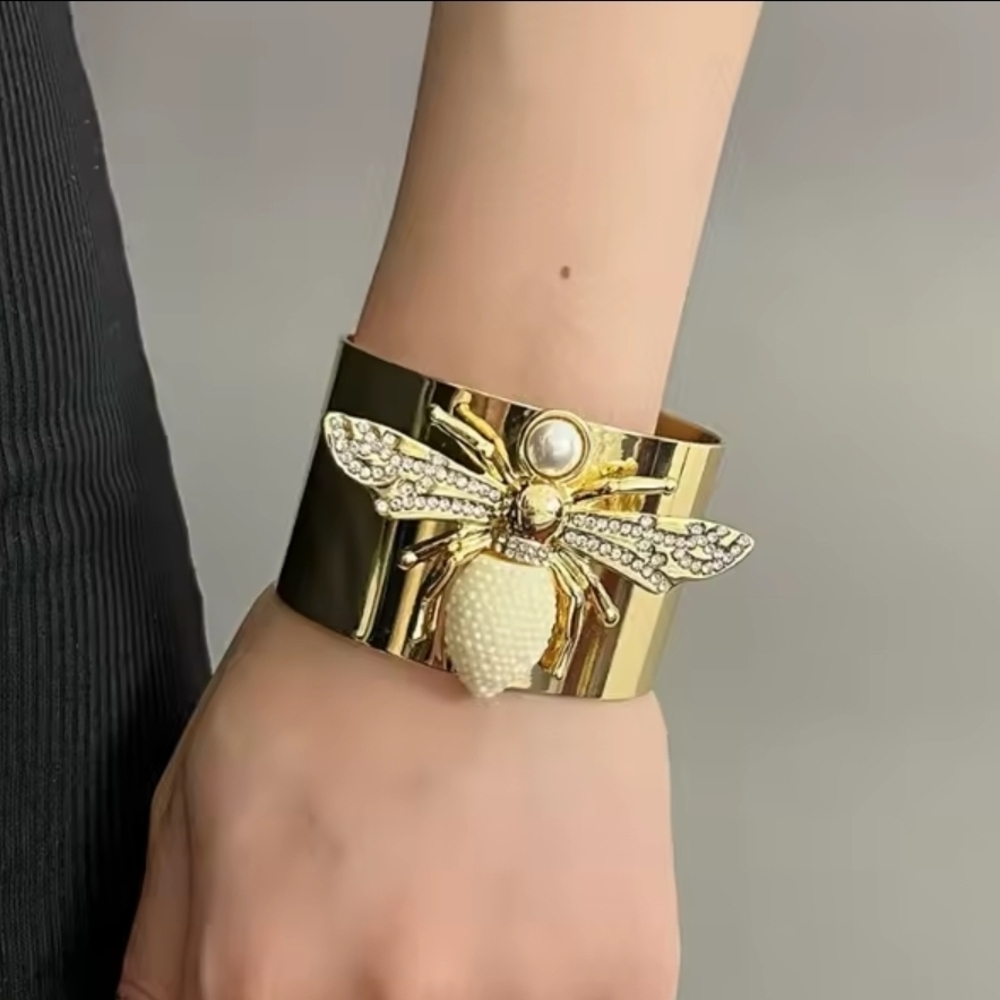 Gold Bee Cuff Bracelet | Pearl & Rhinestone Statement Bracelet | Wide Open Cuff - Picture 3 of 4